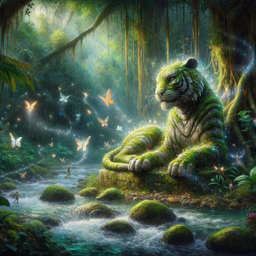 Mossy Stone Tiger Statue Animates in Jungle River