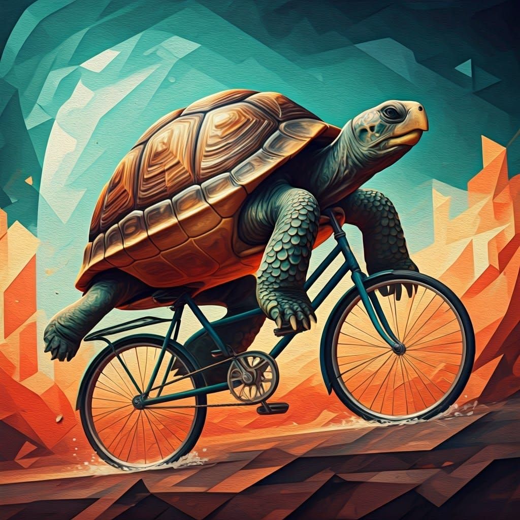 Realistic oil painting. A turtle riding a bicycle. cubist painting, Neo-Cubism, layered overlapping geometry, art deco p...