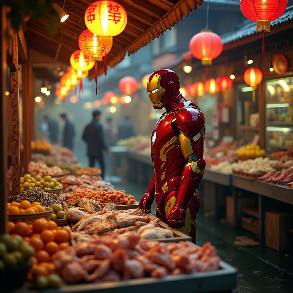 Iron Man Surrounded by Traditional Asian Market Splendor