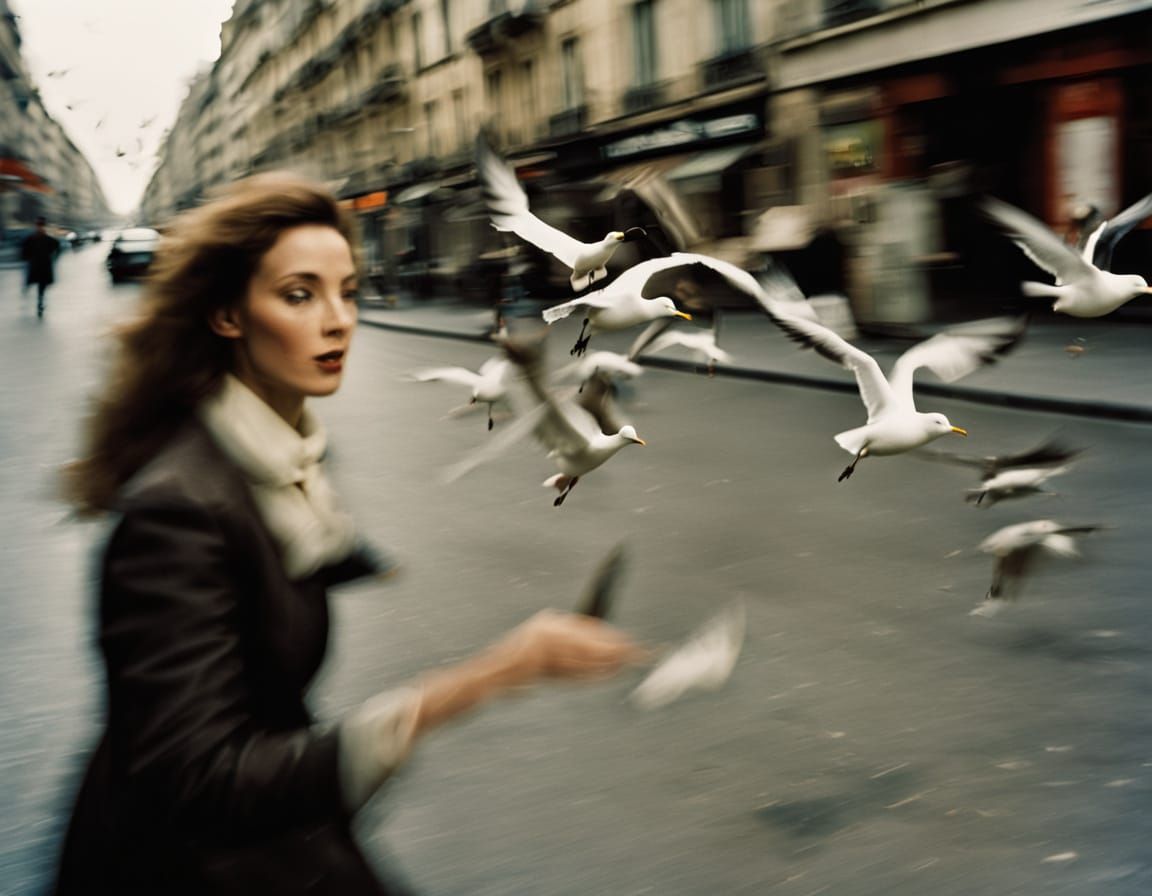 Woman Street Photography with Seagulls in Motion