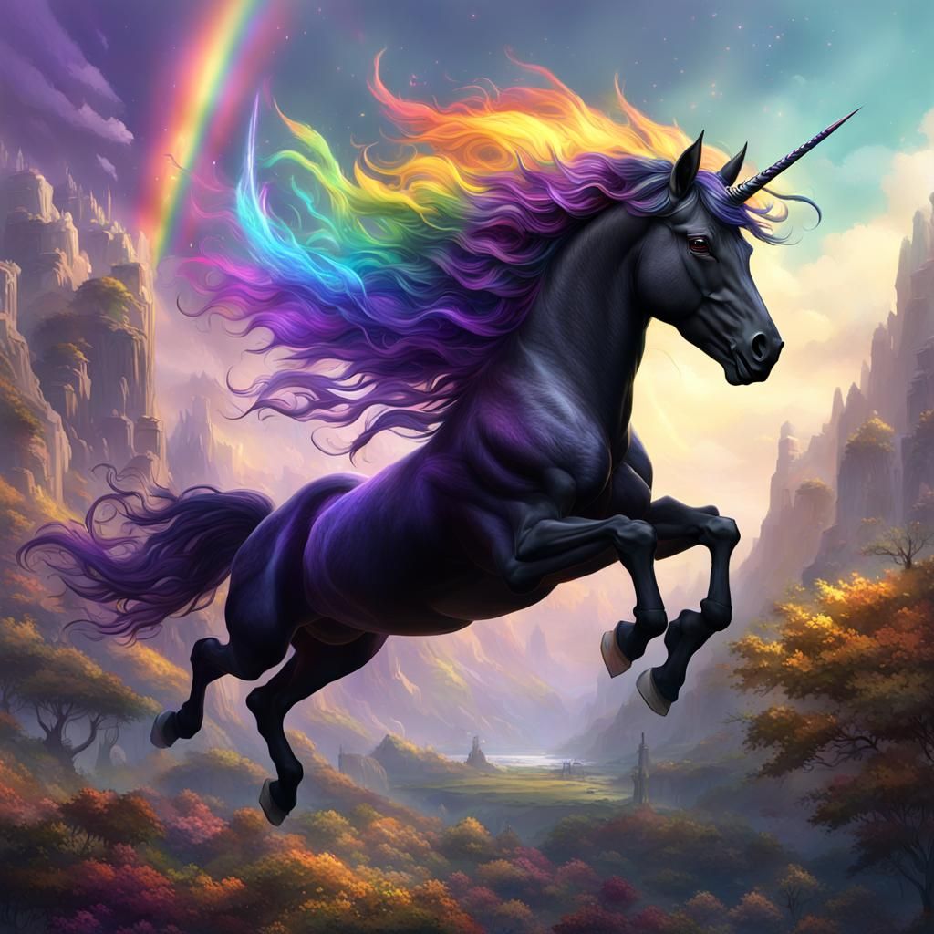 Flying Black Unicorn with Rainbow Mane in Fantasy Art