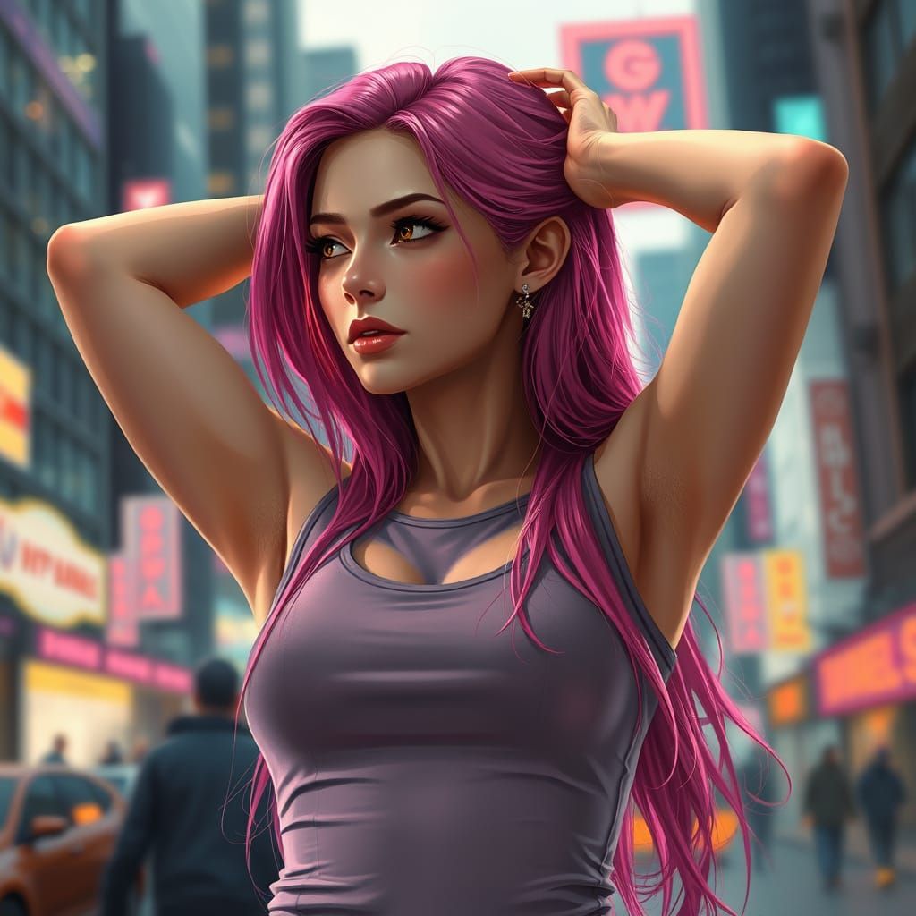 Cyberpunk Goddess with Vibrant Pink Hair in Contemplation
