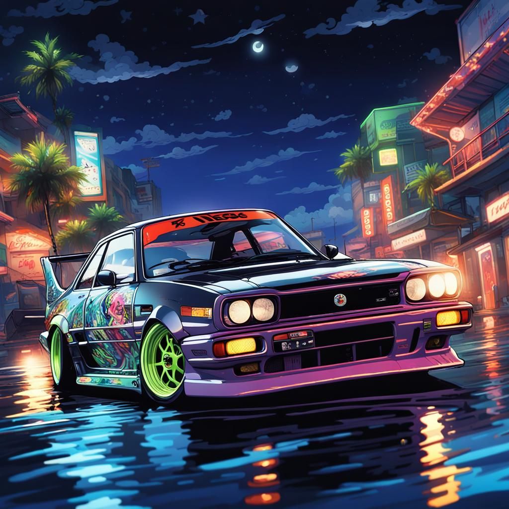 Retro JDM car drifting, renowned for racing and tuning, under glow of neon lights. Dark night setting, under a moonlit s...