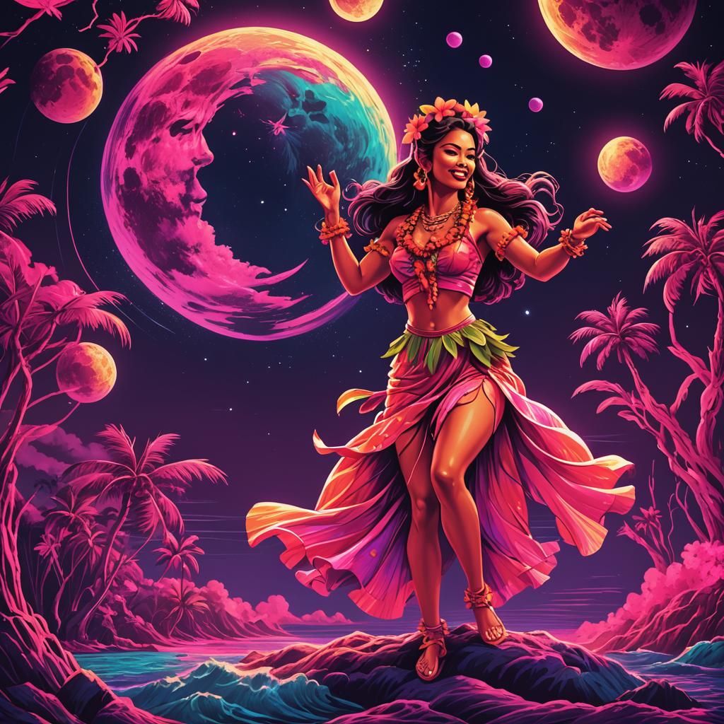 Hawaiian Hula Dancer on the Moon in Synthwave Neon