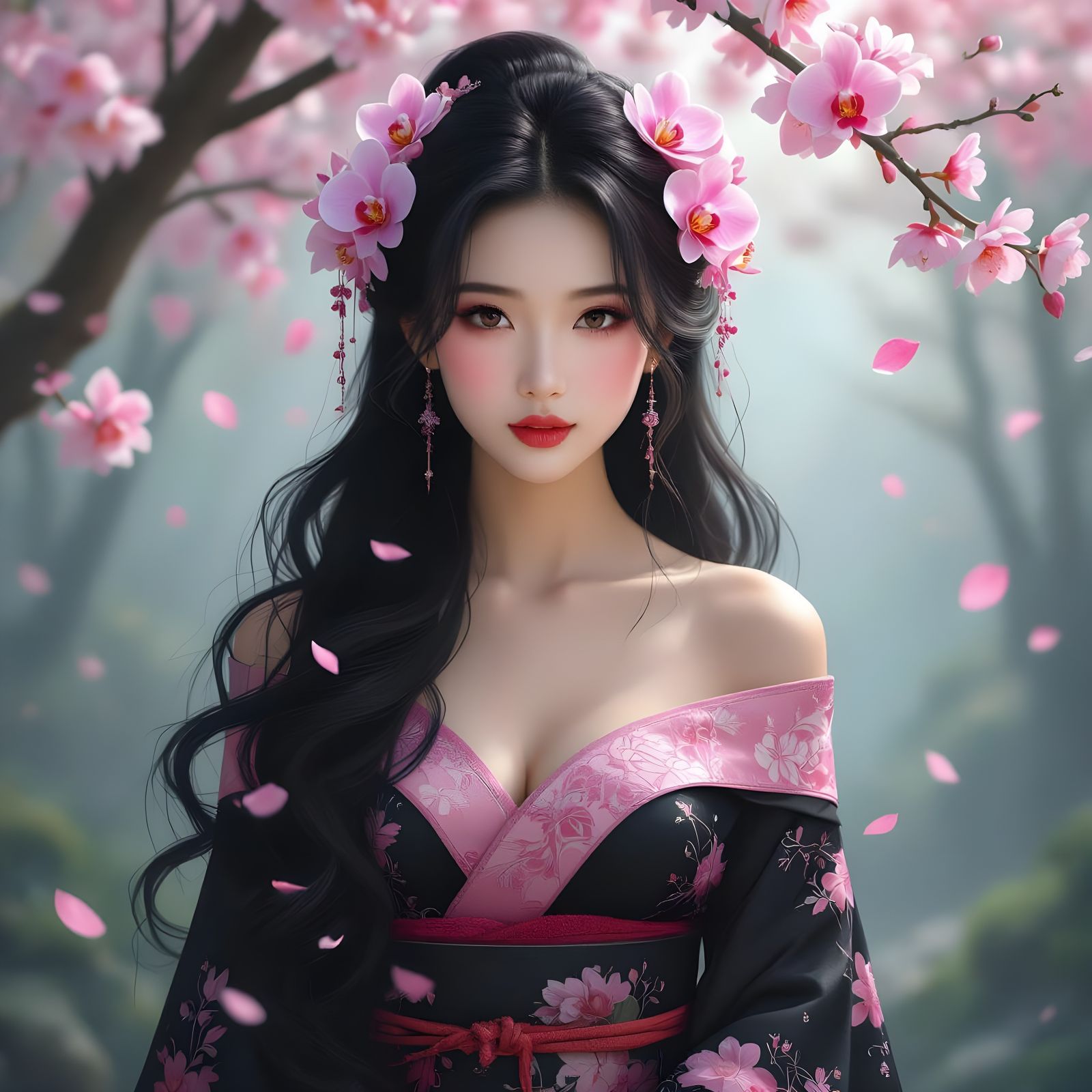 Mystical Asian Woman with Pink Orchids in Misty Forest