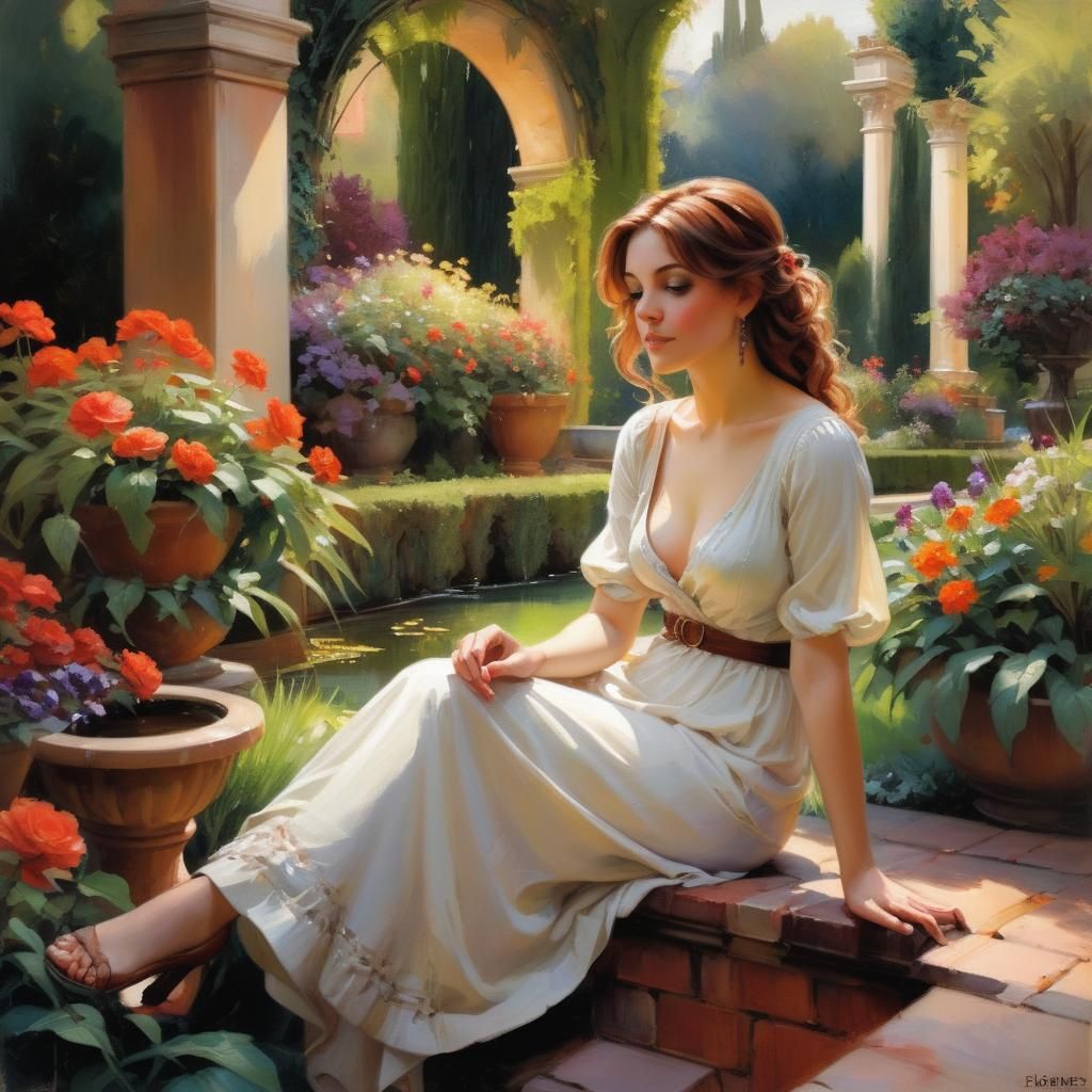 Auburn Beauty in Italian Garden, Oil Painting