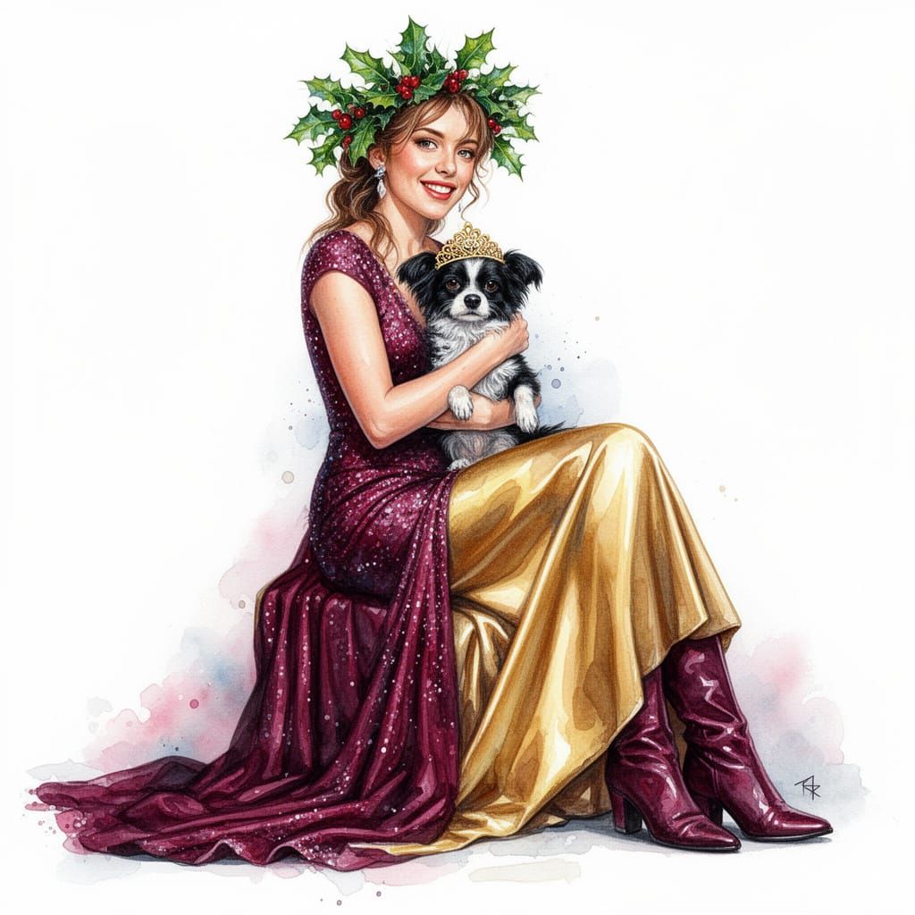Elegant Woman in Burgundy Gown with Dog, Watercolor Style