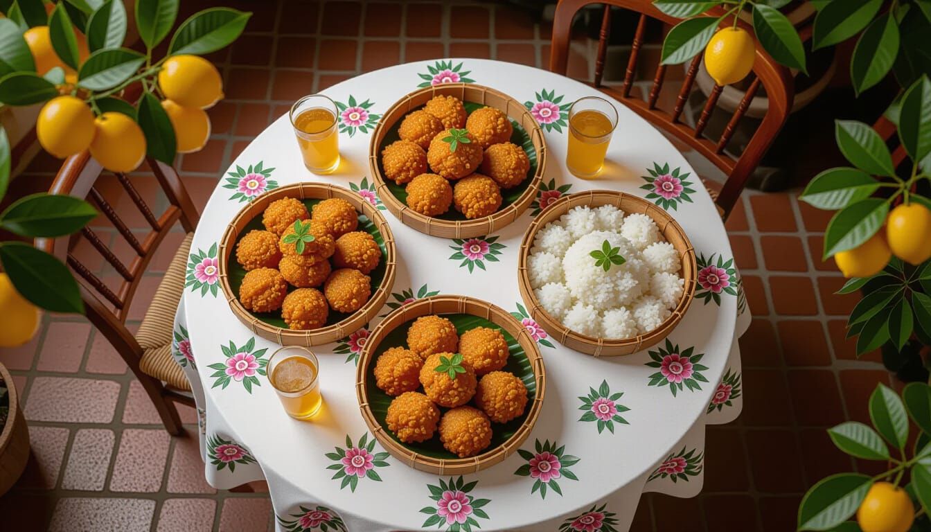 Victorian Table Setting With Fried Pork and Sticky Rice