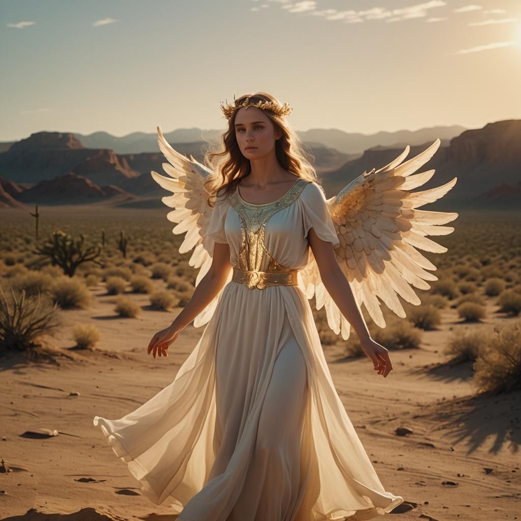 Majestic Angel with Glowing Halo in Desert Dreamscape