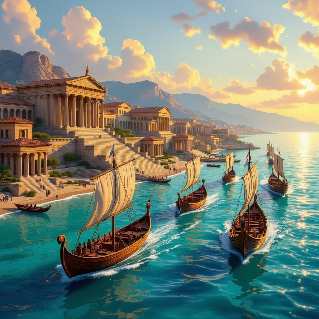 Ancient Roman Triremes Sail Mediterranean Coastline