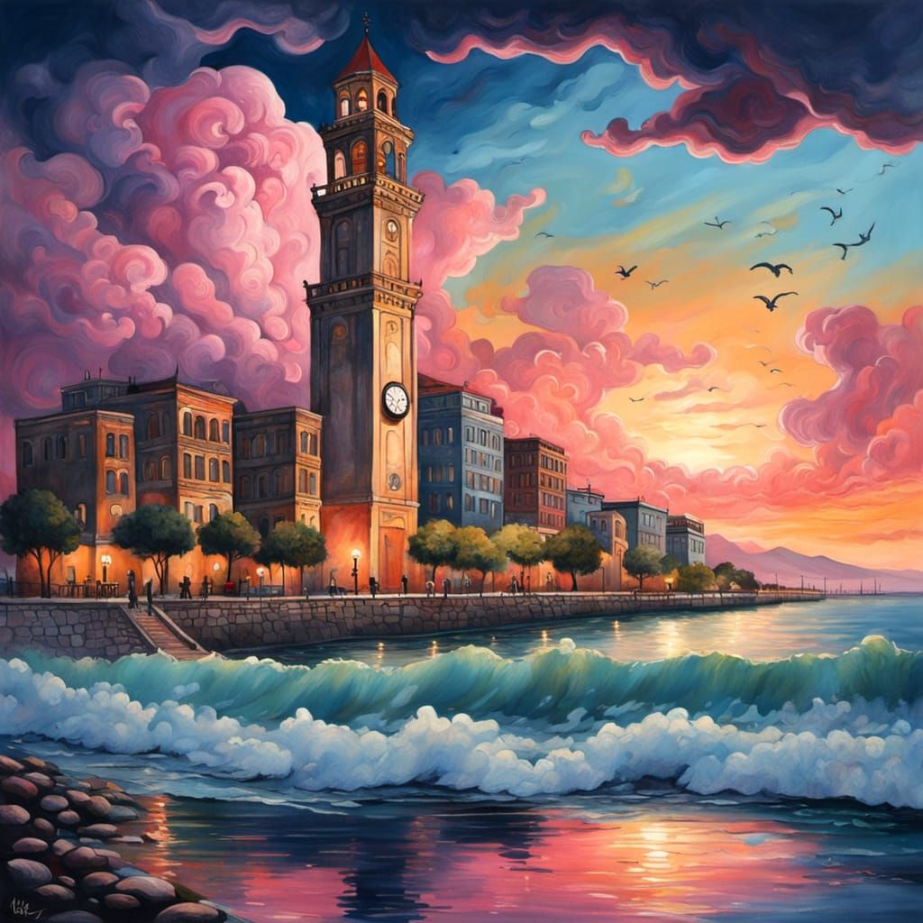 Surreal Dusk in Izmir, Clock Tower Amidst Whimsical Clouds