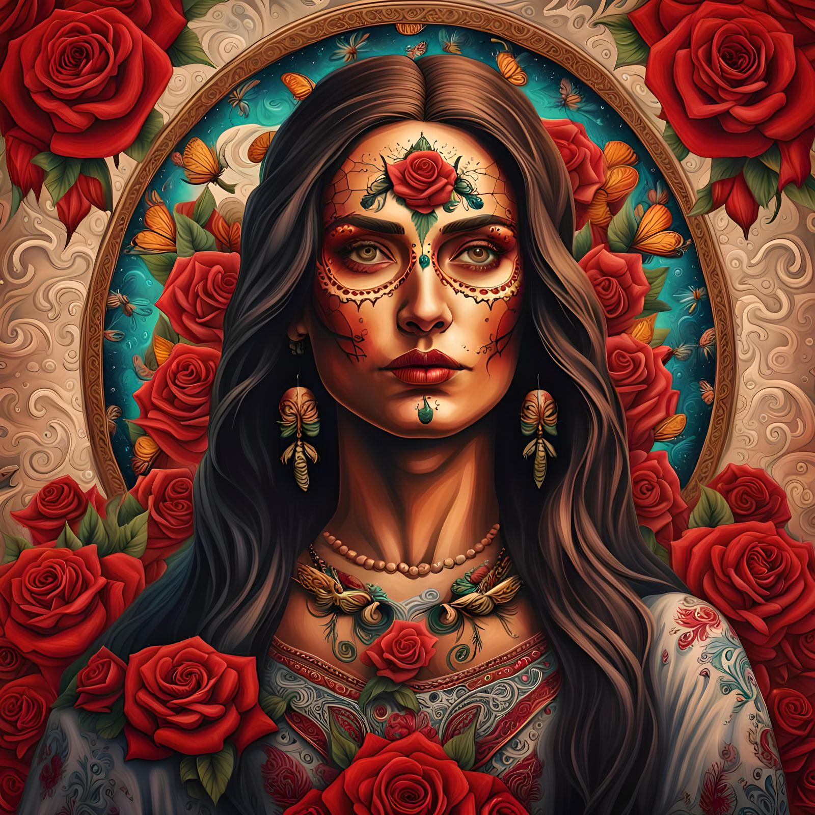 Sacred Heart Woman Portrait with Day of the Dead Design