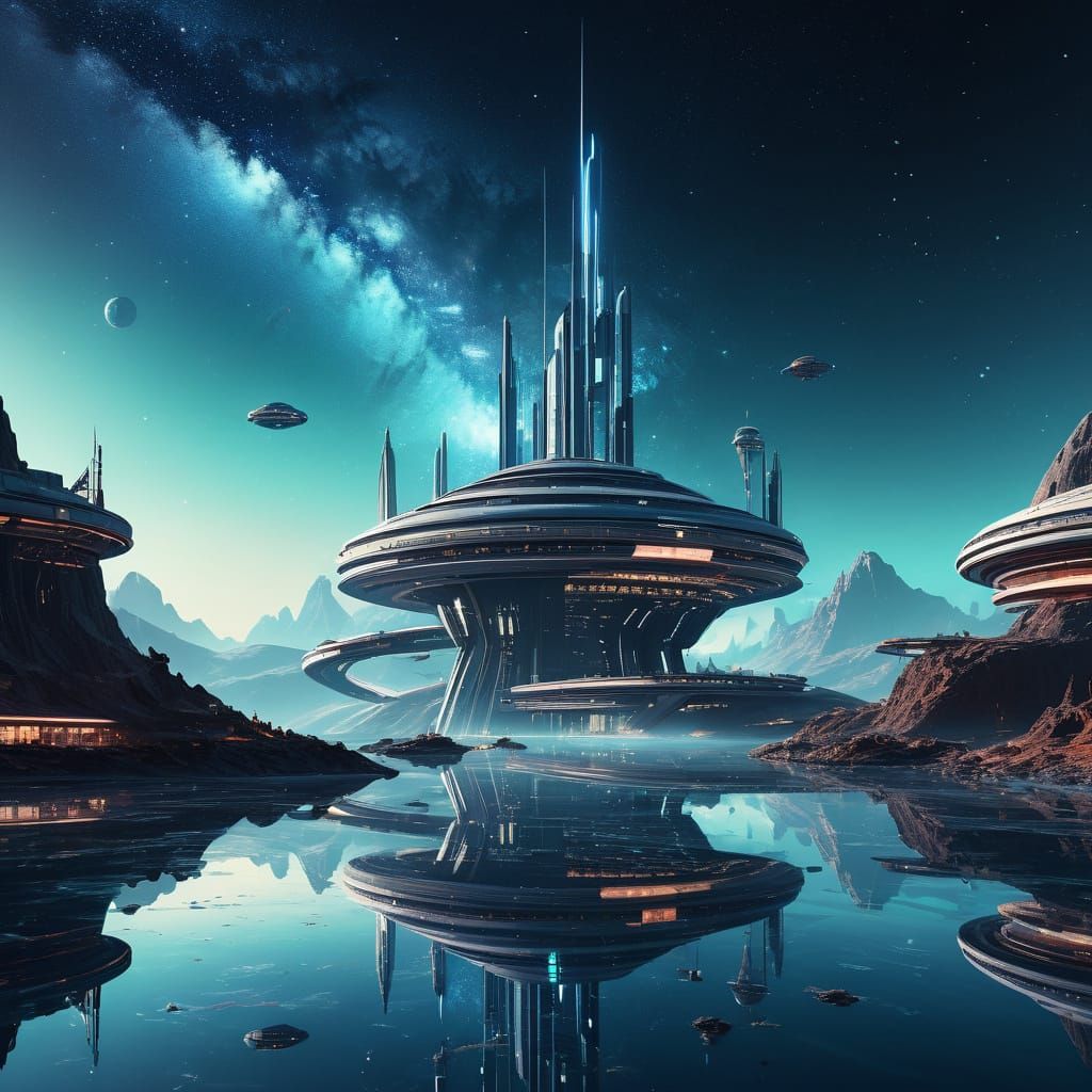 Alien Spaceport Digital Art with Beamships