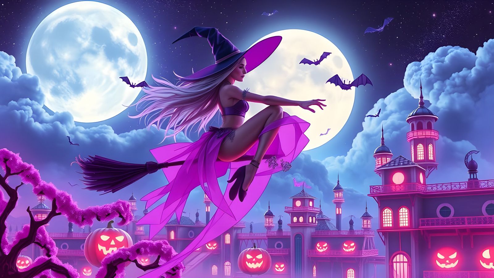 Cyberpunk Witch Flying on Broomstick in Neon Halloween Sky