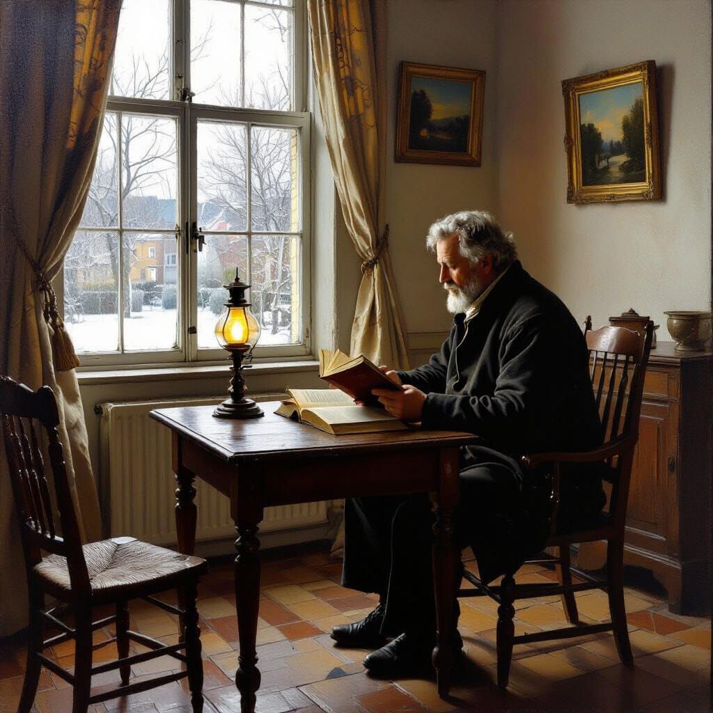 Vermeer-Style Oil Painting of a Writer Reading at Dusk