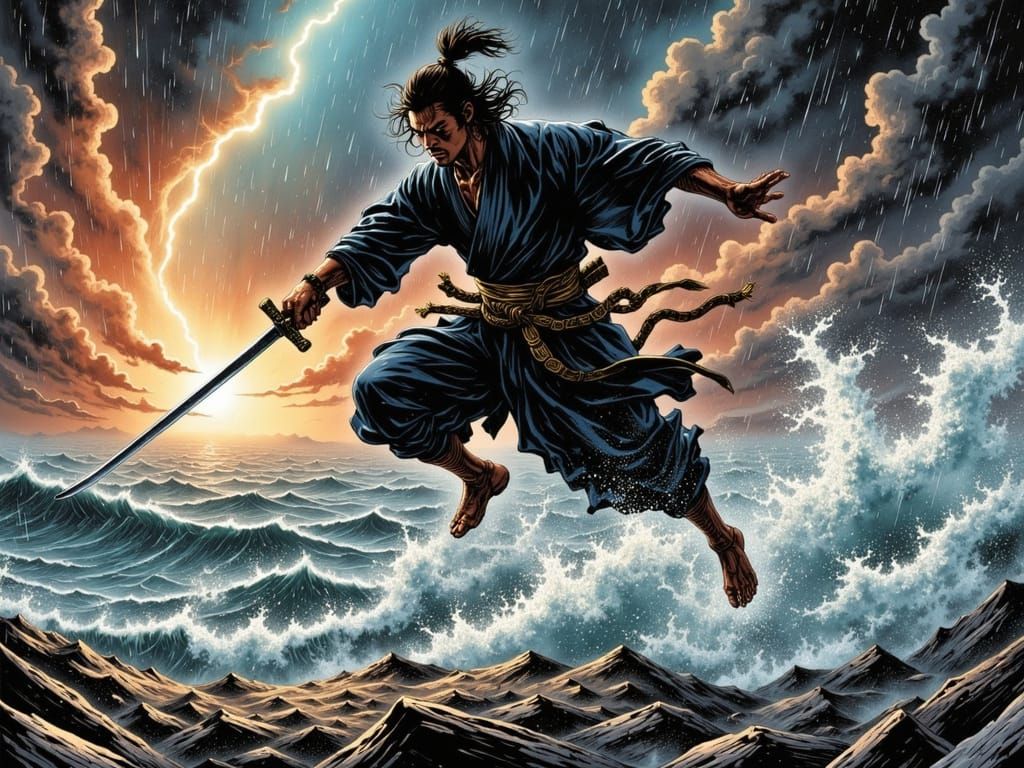 Samurai Warrior Leaps Through Stormy Sky: Manga Style