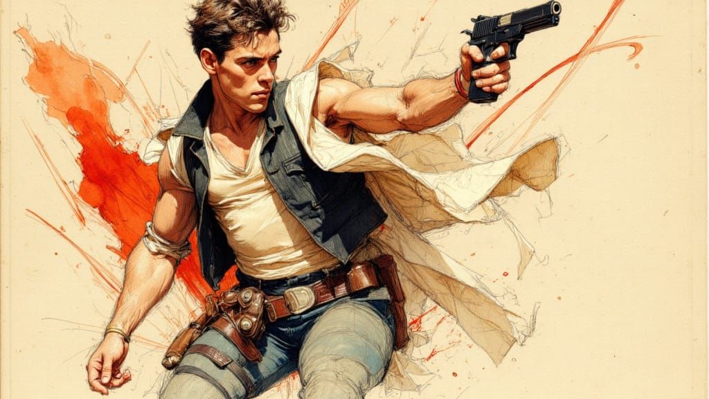 Han Solo Action Sketch in Comic Ink Wash Style