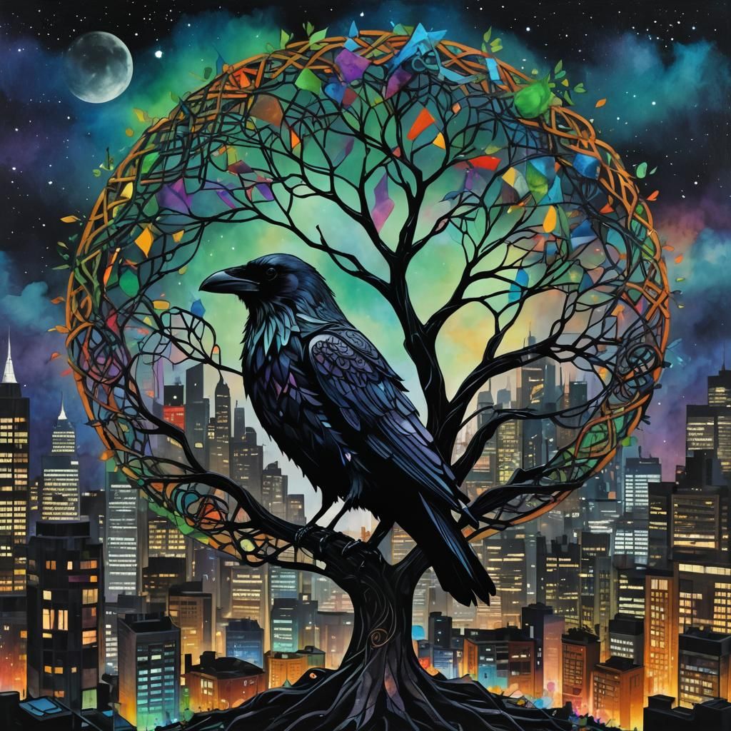 Psychedelic Celtic Raven in Trash Cityscape