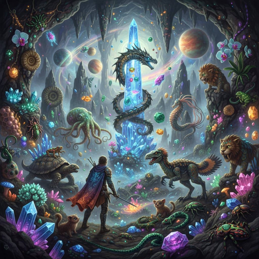 Adventurer in Luminous Crystal Cavern, Neon Ink Splatter Art