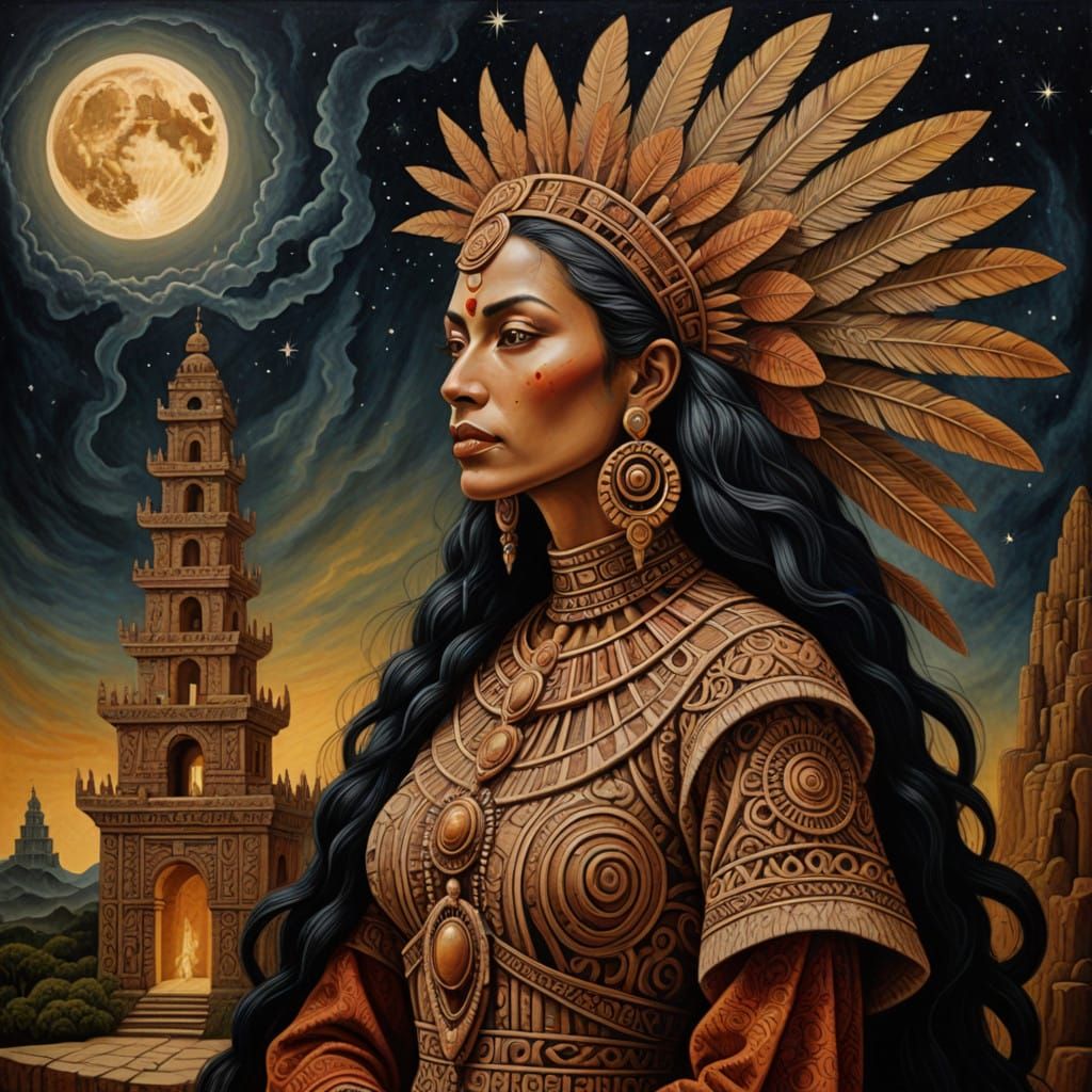 Ethereal Mayan Blood Moon Goddess with Feathered Headdress