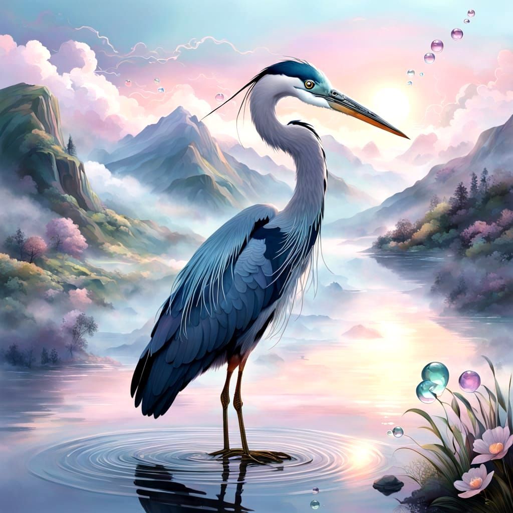 Surreal Heron in a Dreamy Pastel Landscape