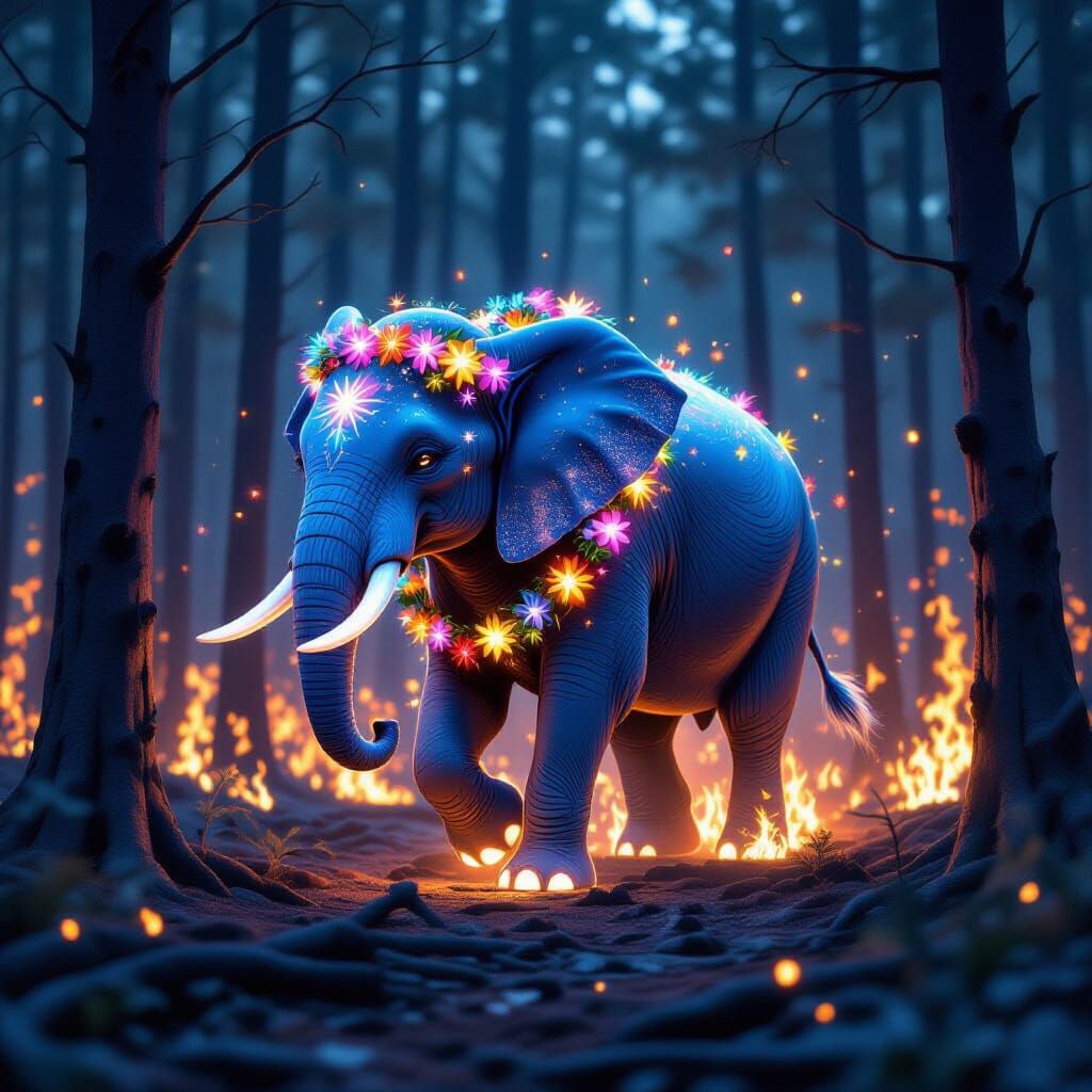 Stardust Elephant Revives Forest: Whimsical Dreamscape