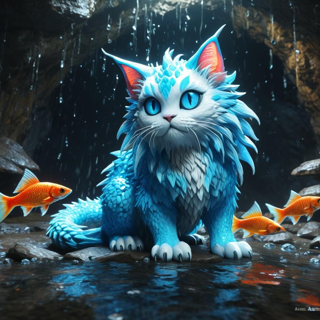 Blue-Eyed Dragon Cat Hybrid on Fish Hoard