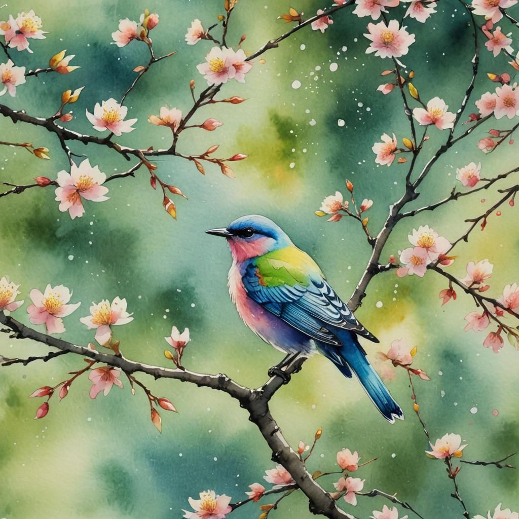 Bird on Branch in Japanese Watercolor Style