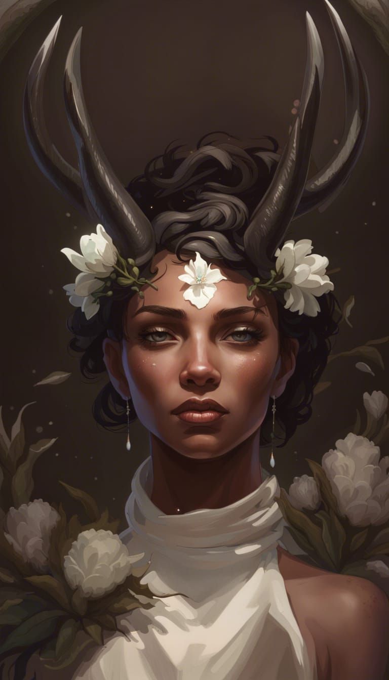 Horned Woman with Flower Crown, Detailed Portrait