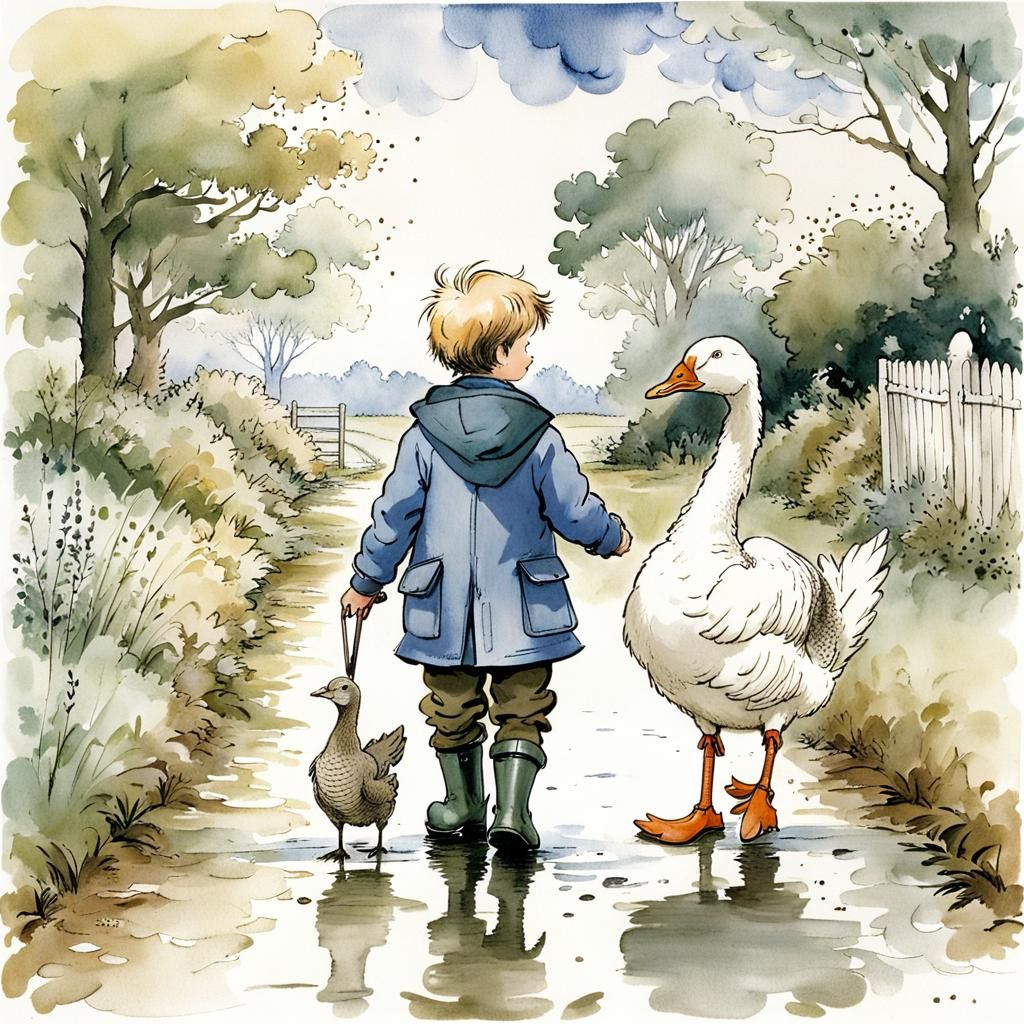 Boy and Goose Walk, Illustrated Style