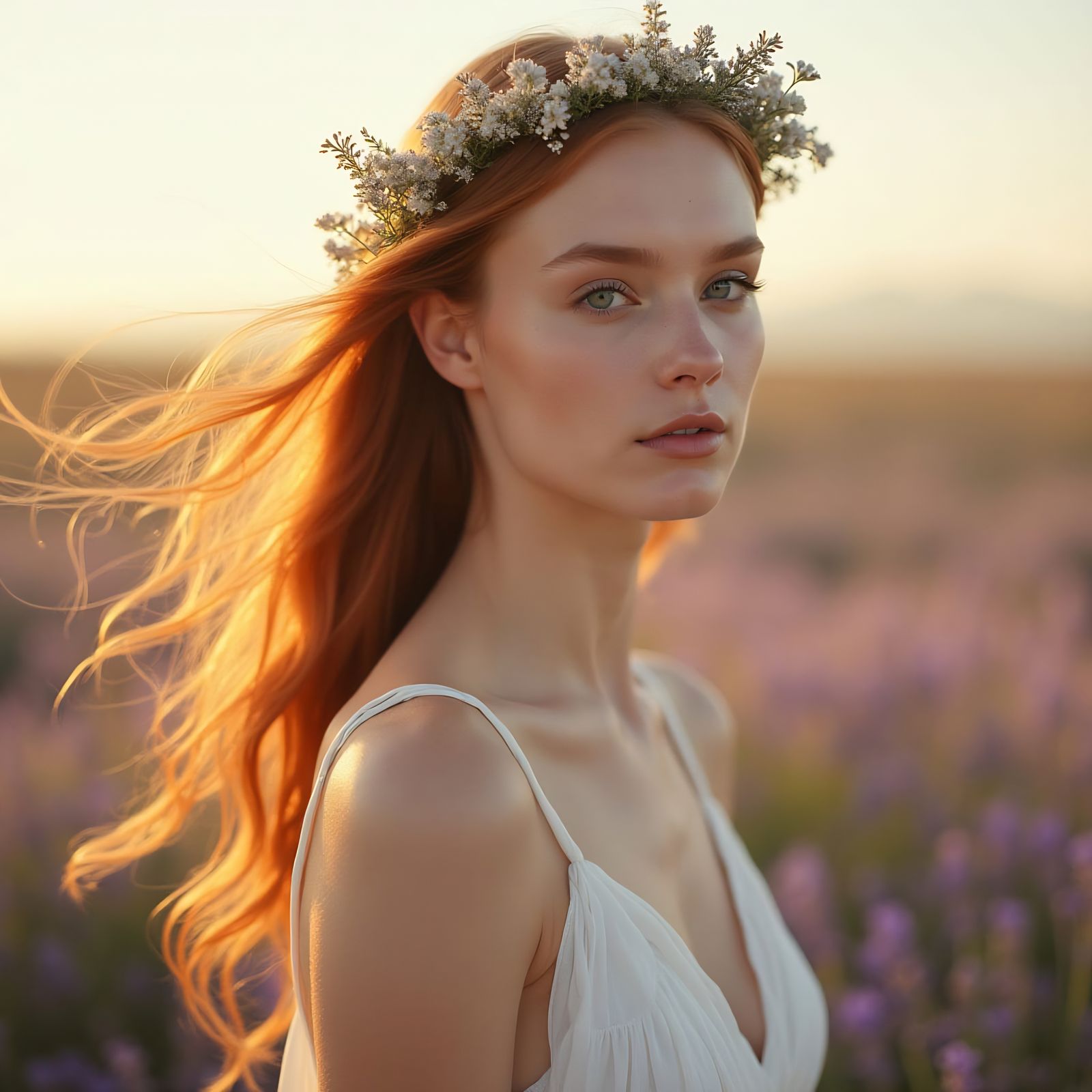 Auburn-Haired Woman in Meadow: Hyperrealistic Portrait