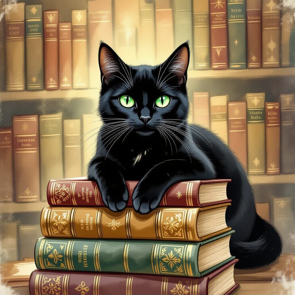 Black Cat on Books in Fairytale Illustration Style