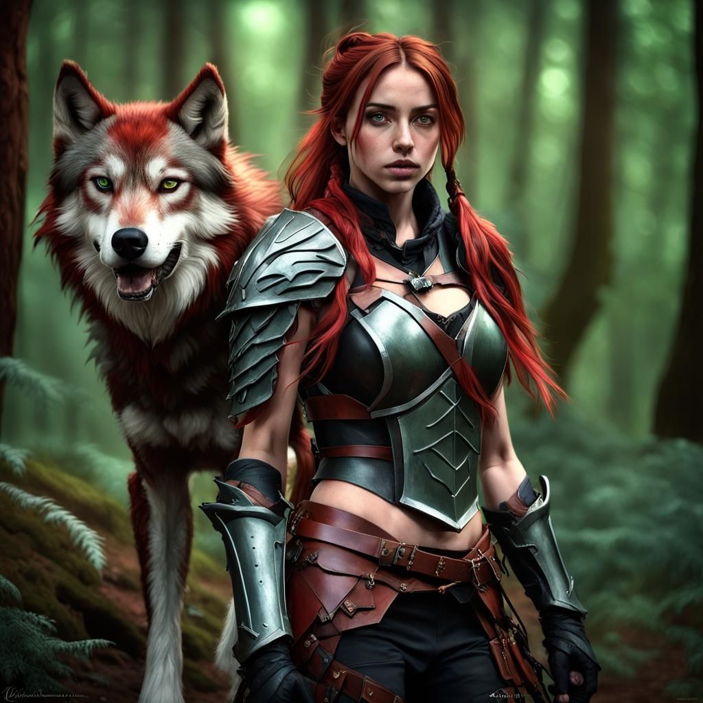 Red-Haired Huntress and Wolf Companion in Forest