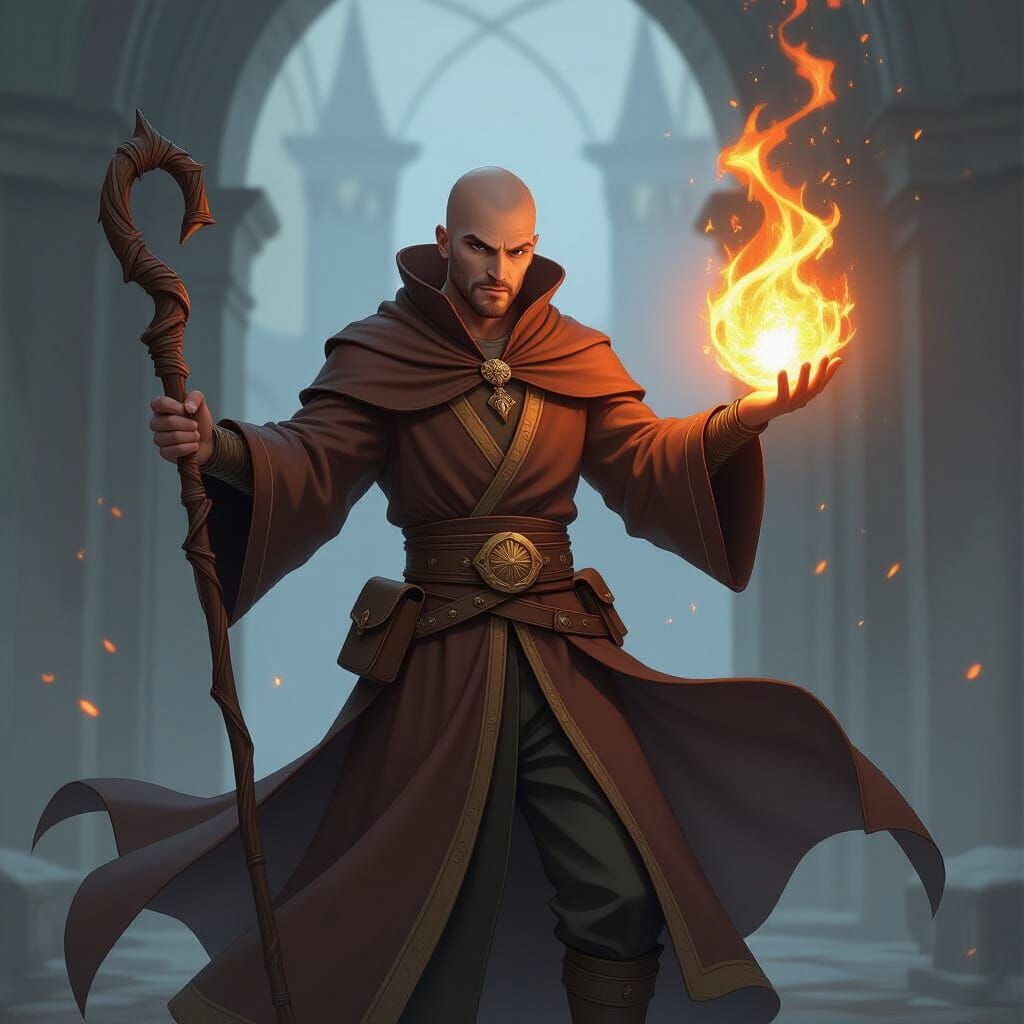 Wizard Conjuring Fire Spell in Arcane Style