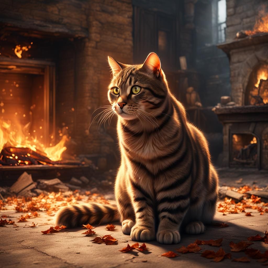 Hyperrealistic Tabby Cat Before Fire in Romantic Style