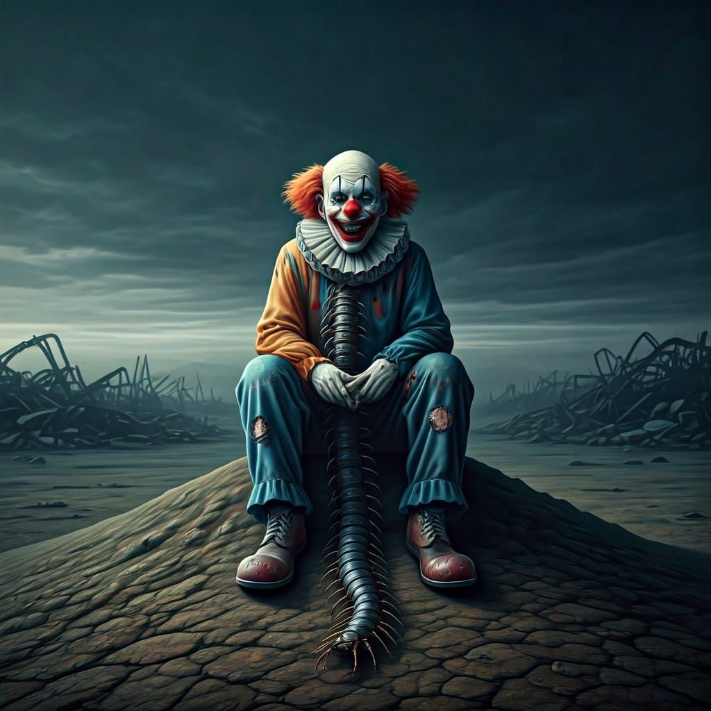 Clown with Centipede in Ruined Landscape