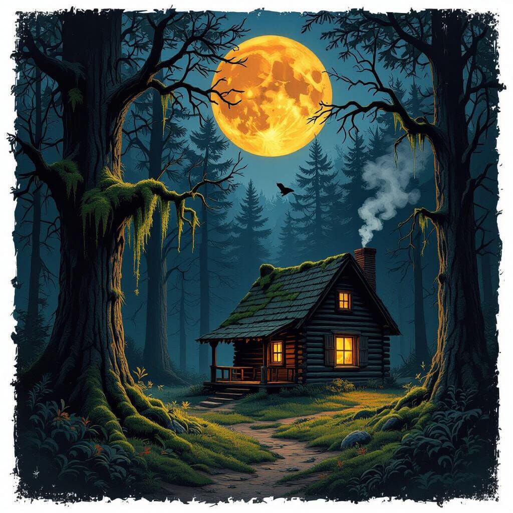 Cozy Autumn Cabin Under Luminous Moon in Dark Fantasy Style