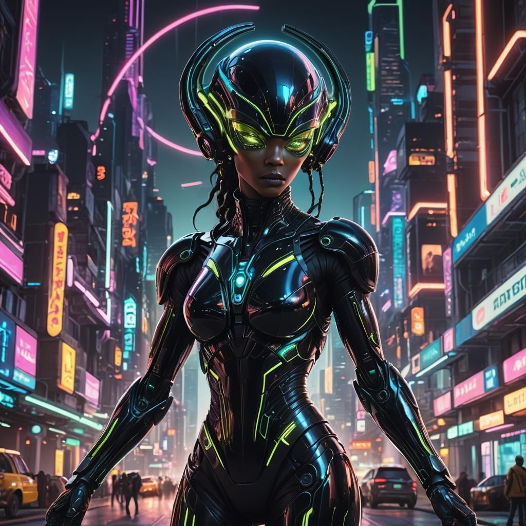 Giant Alien Woman in Futuristic Cityscape