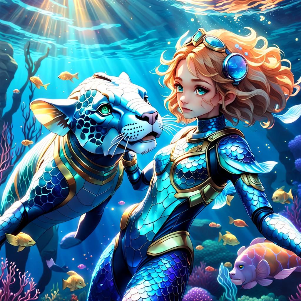 Underwater Lion and Elephant Mermaids in 3D Anime Art