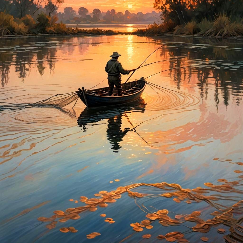 Fisherman Silhouetted on Calm River at Sunset