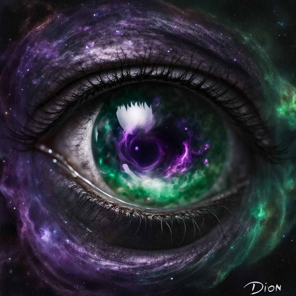 Galaxy Eye with Calligraphy in Dark Emerald and Amethyst