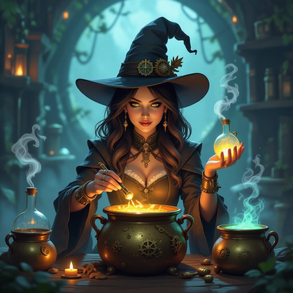 Steampunk Witch Brewing Potions with Brass Cauldrons and Gea...