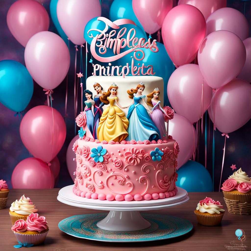 Disney Princess Birthday Cake with Balloons, 3D Render