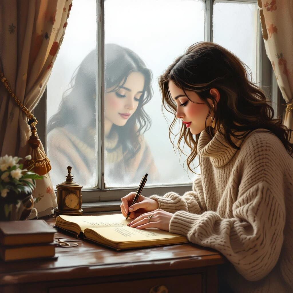 Dreamy Portrait at Antique Desk in Whimsical Style