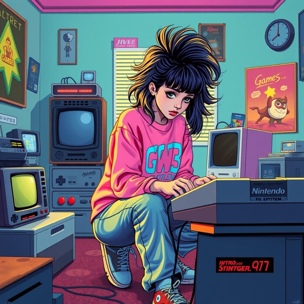 Teenage Gamer in 80s Retro-Futuristic Style