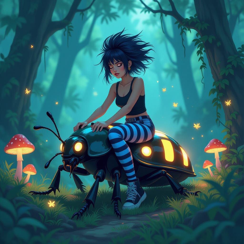 Girl Rides Bioluminescent Beetle in Enchanted Forest