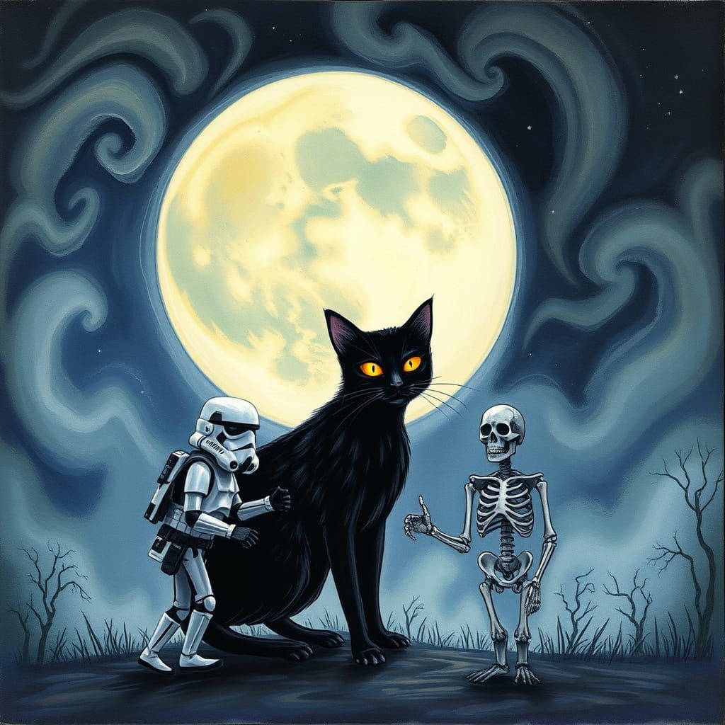 Ethereal Cat with Moon and Stormtroopers & Skeleton