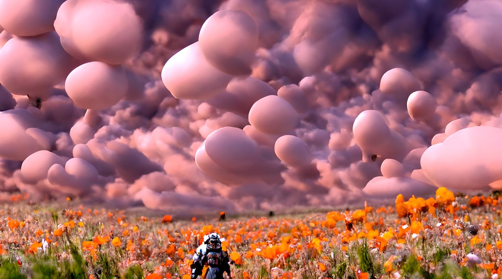 Astronaut Walks Through Poppy Field Under Mammatus Clouds