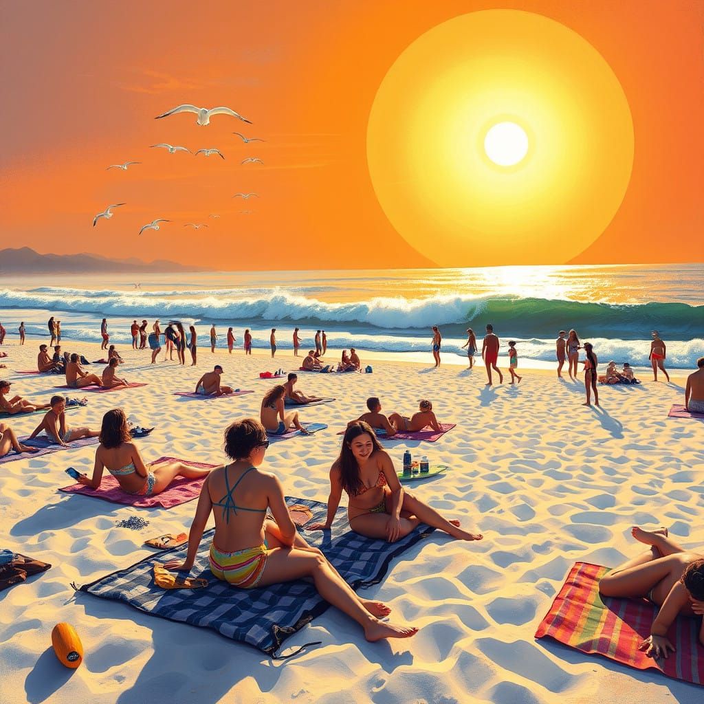 Vibrant Summer Scene at Mission Beach in Colorful Impression...