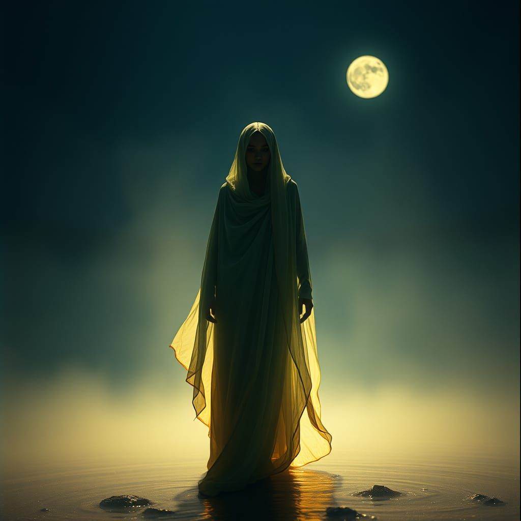 Mystical Figure on Moonlit Lake